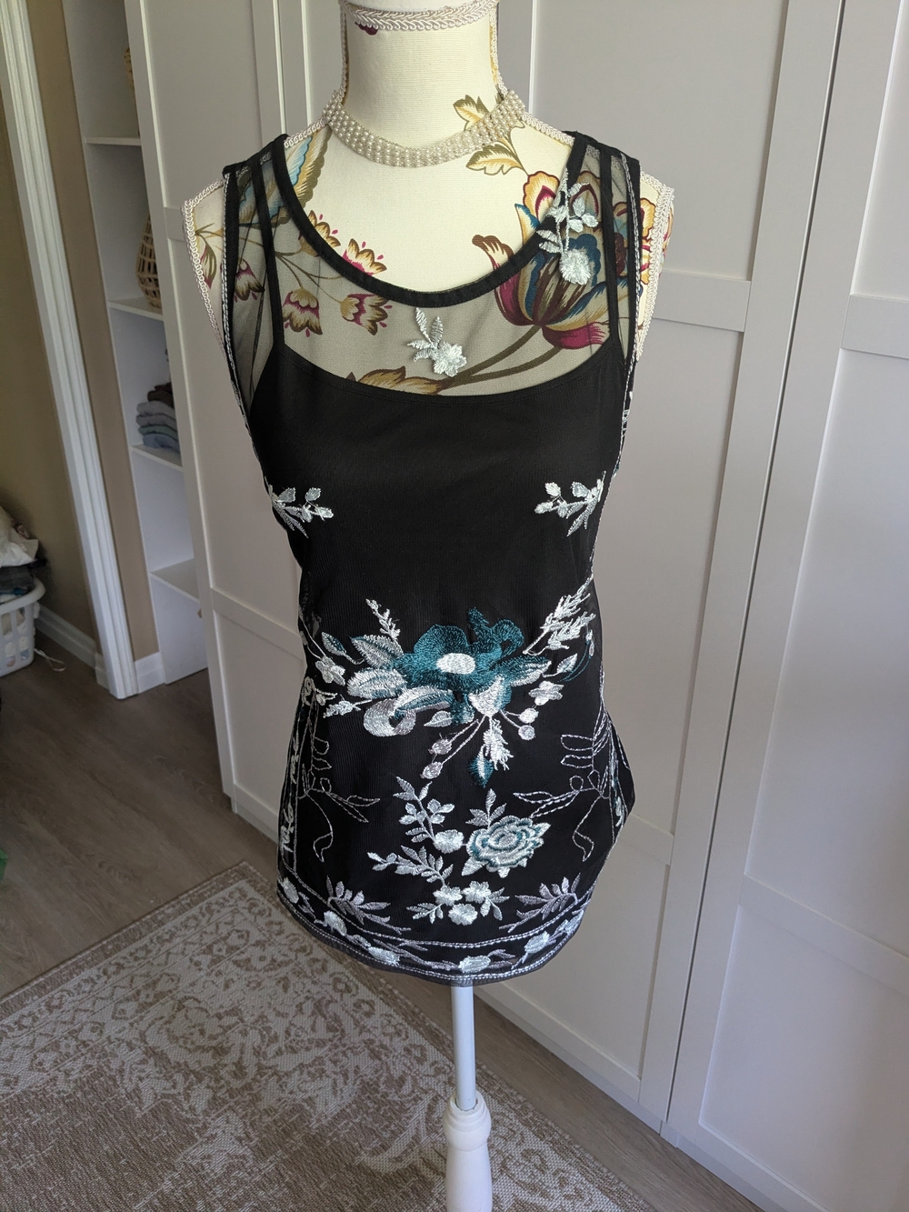 Ricki's Black Mesh Camisole with Teal & White Floral Embroidery